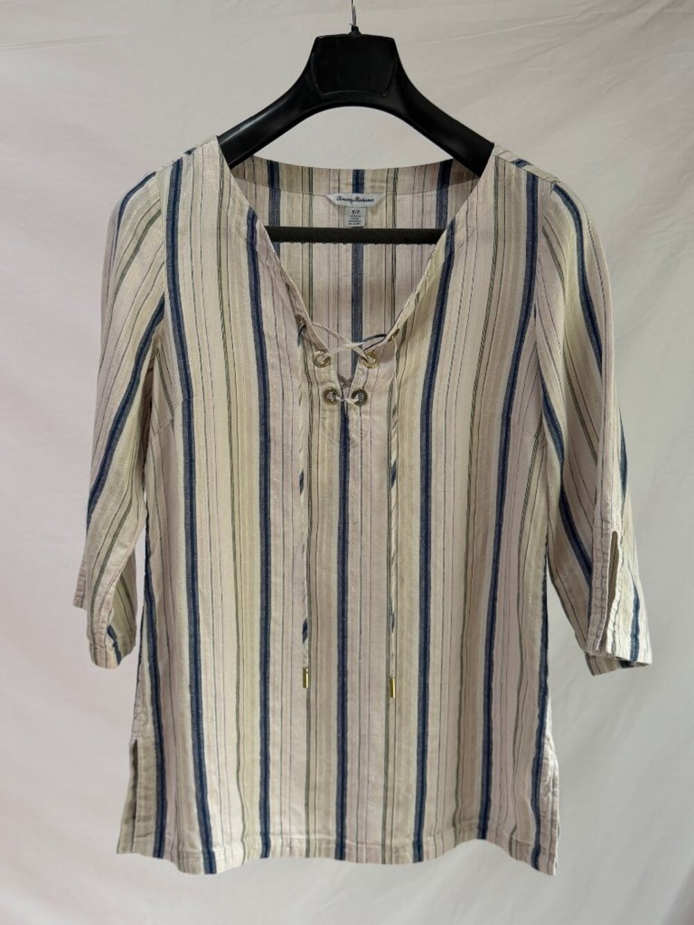 TOMMY BAHAMA Ivory Cream Lace-up Tunic with Blue and Metallic Stripes Size S/P